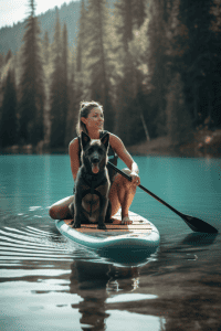 A woman paddle boarding with her dog in a lake