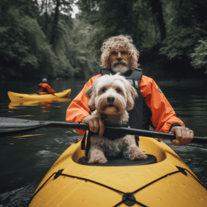 Human is kayaking with a dog
