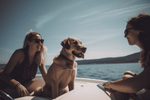Family with a dog is on a boat having a good time
