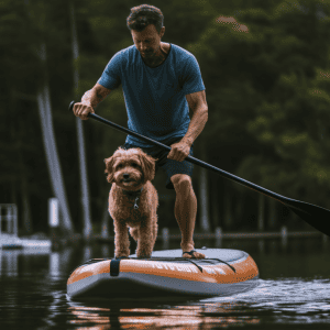 Human and a dog paddle boarding