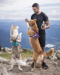 A man giving snacks to his two dogs after a hike